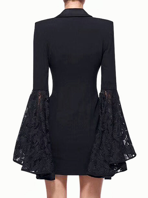 Black longline blazer with wide lace sleeves flaring from the elbow