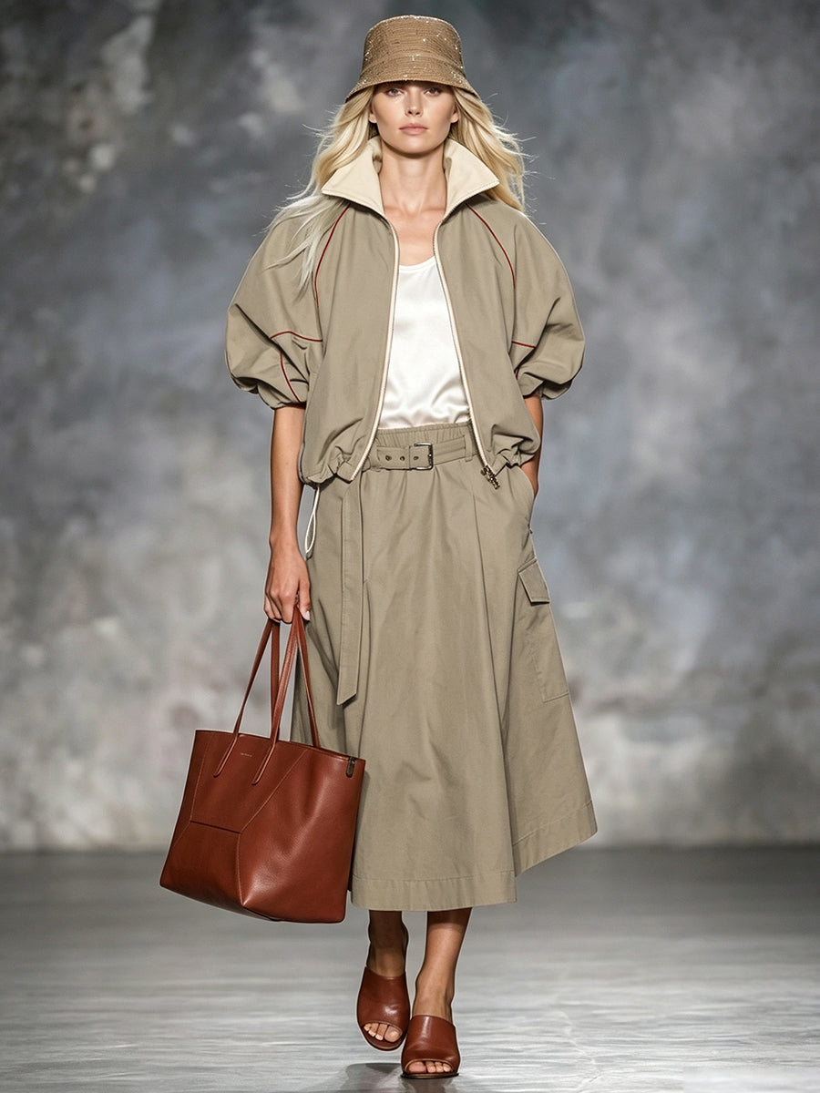 Khaki jacket with rust contrast piping and gathered puff sleeves