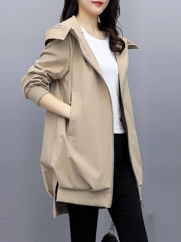 Longline hooded jacket with a zip front and slanted pockets in khaki
