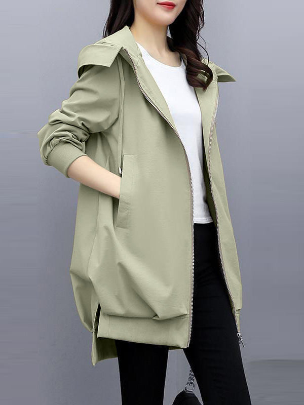 Longline hooded jacket with a zip front and slanted pockets in light green
