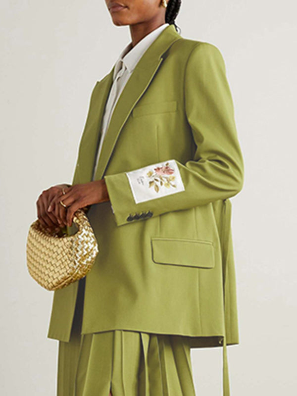 Olive longline blazer with an embroidered floral panel on the sleeve in olive
