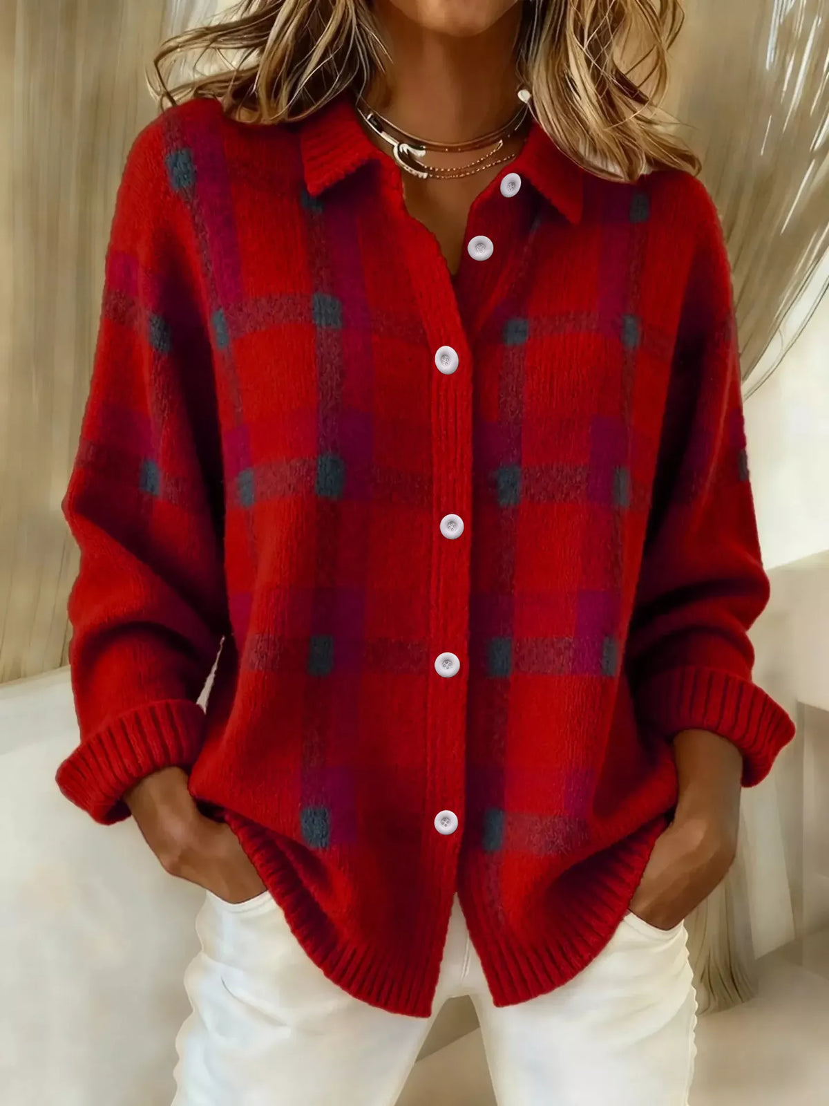 Women's check knit cardigan in Red