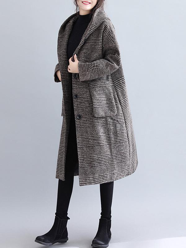 Hooded longline coat in a fine check with two patch pockets