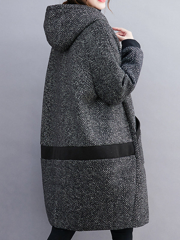 Grey herringbone hooded coat with ribbed cuffs and contrast pocket trims