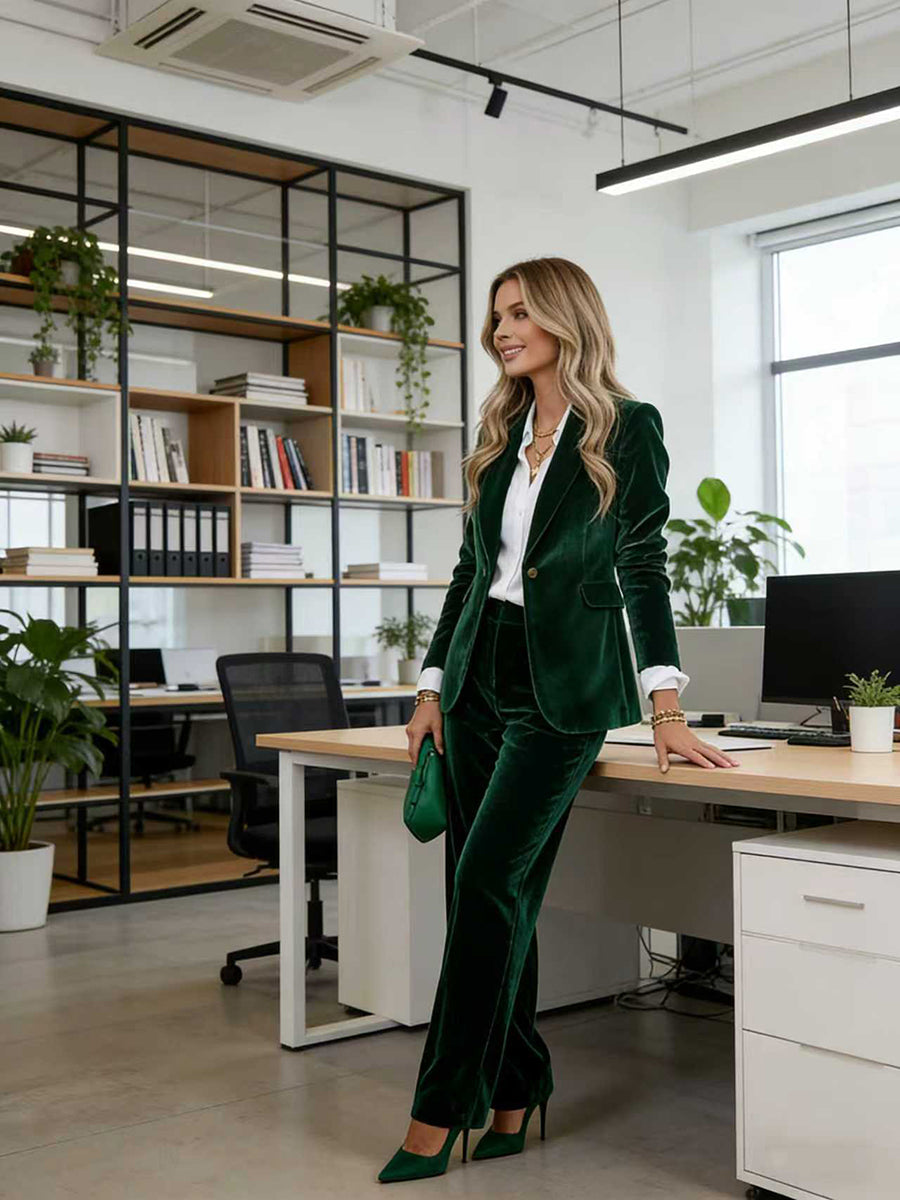 Fitted velvet blazer with a peak lapel and single button