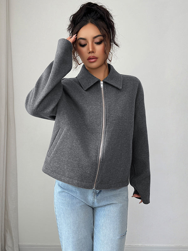 Short boxy jacket in a brushed cloth with a shirt collar and zip