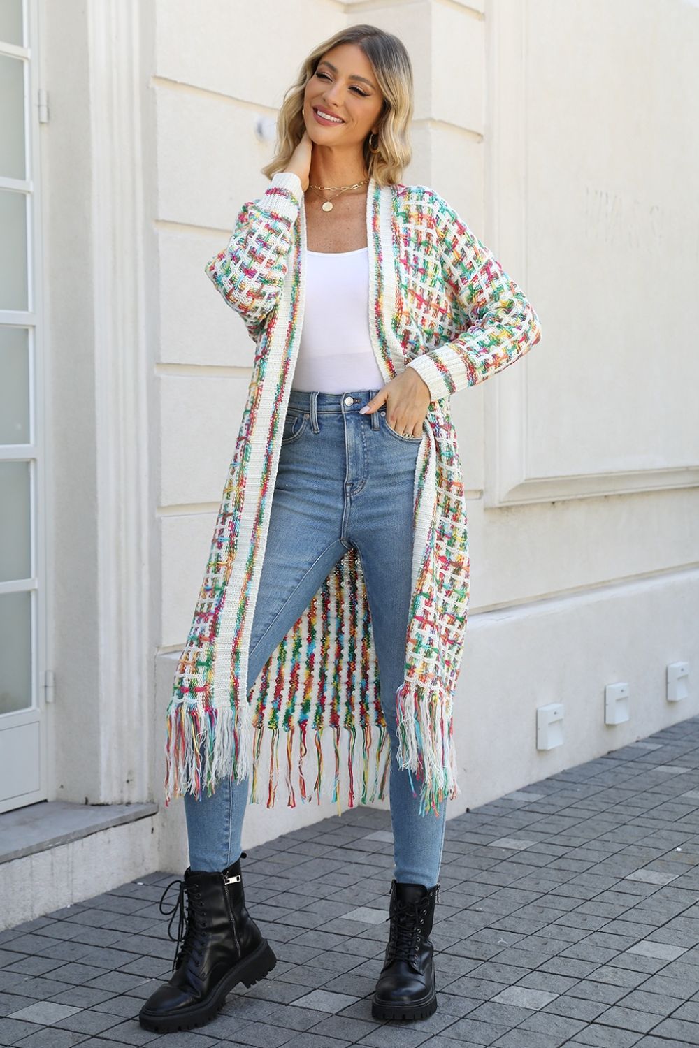 Women's longline fringe cardigan in Mid Green