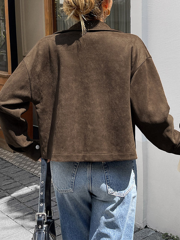 Chocolate brown suede-look jacket with a shirt collar and zip front