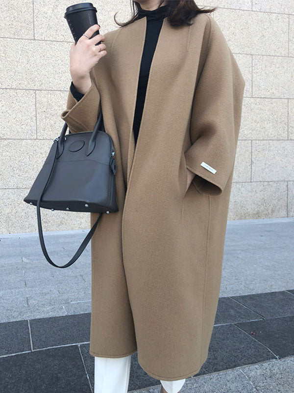Collarless longline coat with dropped sleeves and an open front