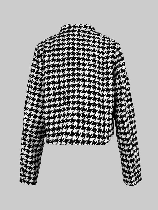 Cropped black and white houndstooth jacket with a stand collar