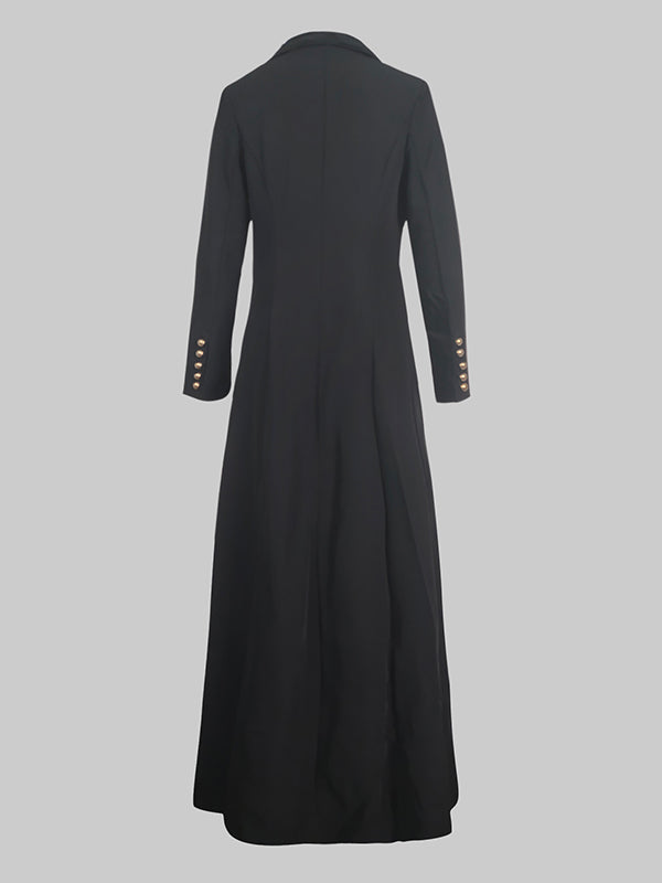 Floor-length black coat with a satin peak lapel and side splits