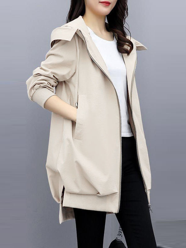 Longline hooded jacket with a zip front and slanted pockets in cream
