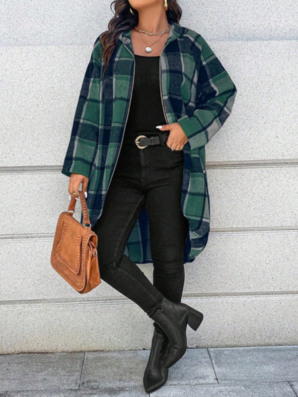 Green and navy check hooded jacket with a zip front and stepped hem