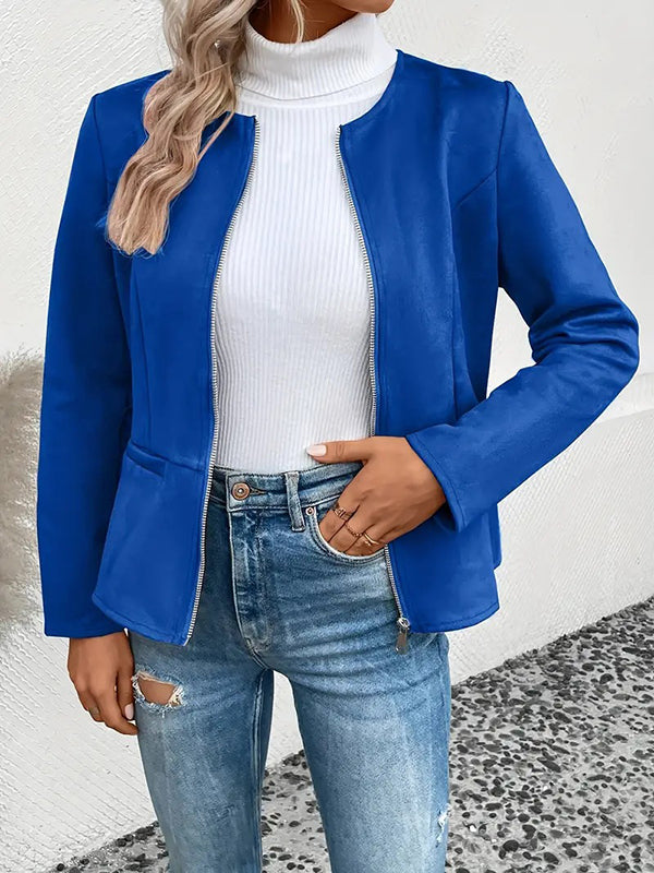 Collarless suede-look jacket with a zip front and welt pockets