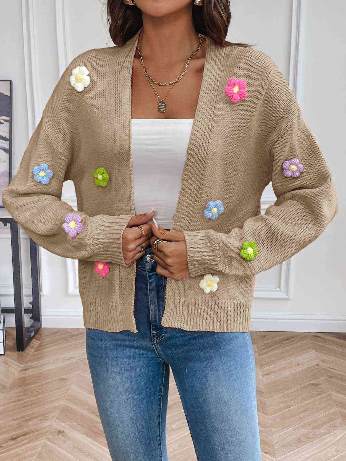 Women's crochet flower cardigan in Camel