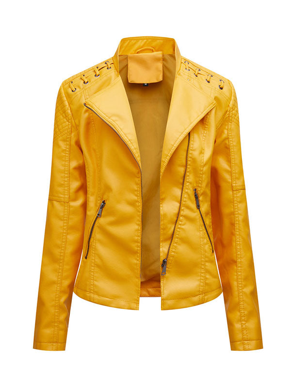 Faux leather biker jacket with lacing across the shoulders