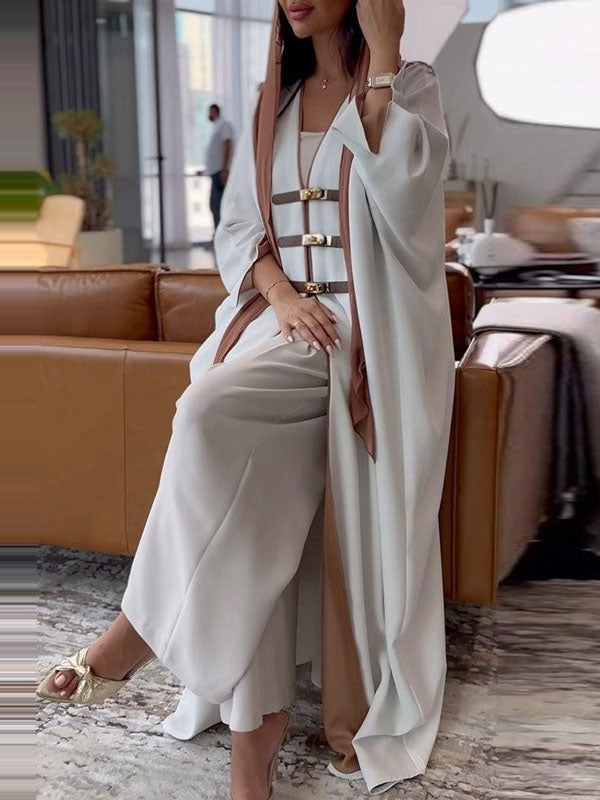 Floor-length open abaya with a contrast facing and gold-tone clasps