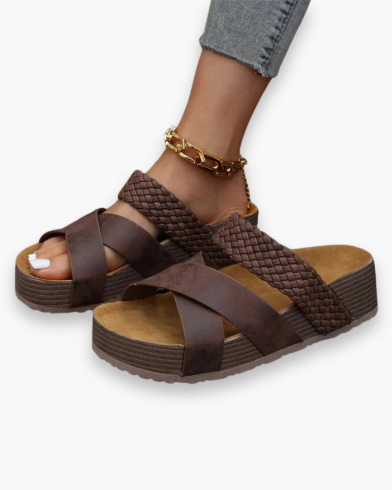 Women's woven strap sandals with cork sole – Saint Dor UK – front view