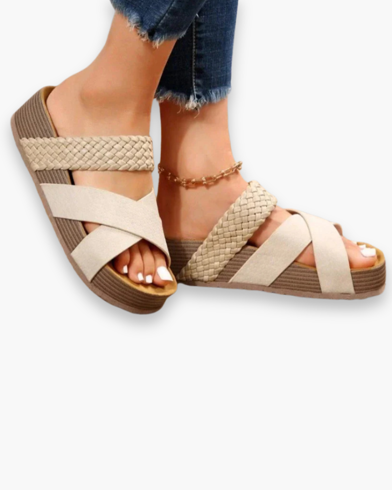 Women's woven strap sandals with cork sole – Saint Dor UK – side view