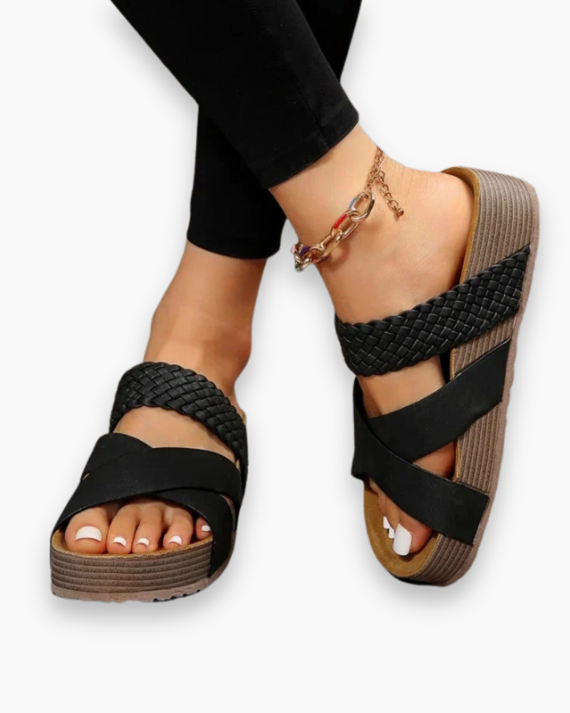 Women's woven strap sandals with cork sole – Saint Dor UK – back view