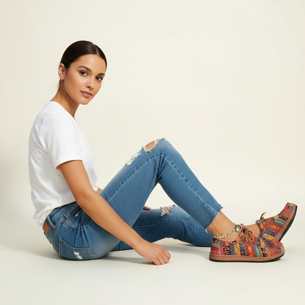 Women's Lace-Up Trainers - printed patchwork textile upper