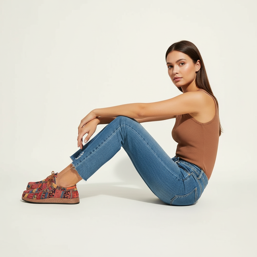 Women's Lace-Up Trainers - printed patchwork textile upper