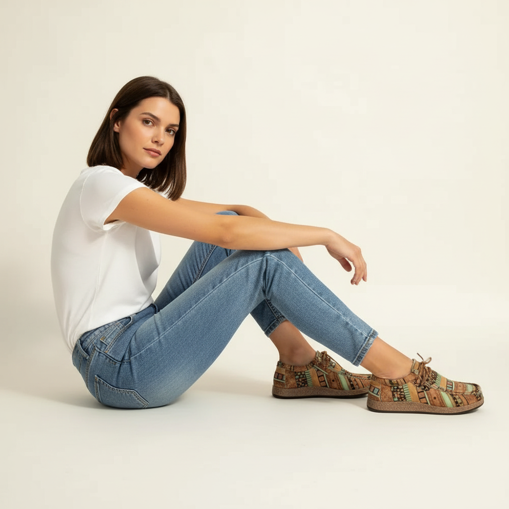 Women's Lace-Up Trainers - printed patchwork textile upper