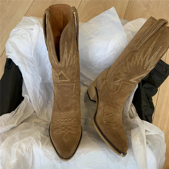 Tan suede-look cowboy boots with tonal western stitching