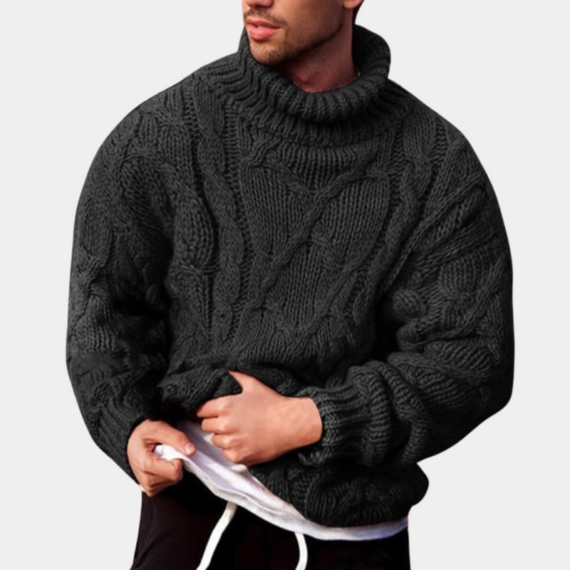 Men's chunky cable roll neck jumper in Charcoal