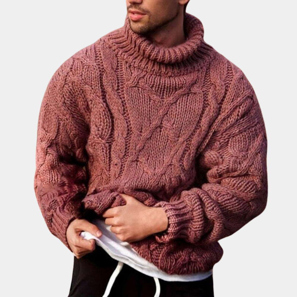 Men's chunky cable roll neck jumper in Dusty Pink