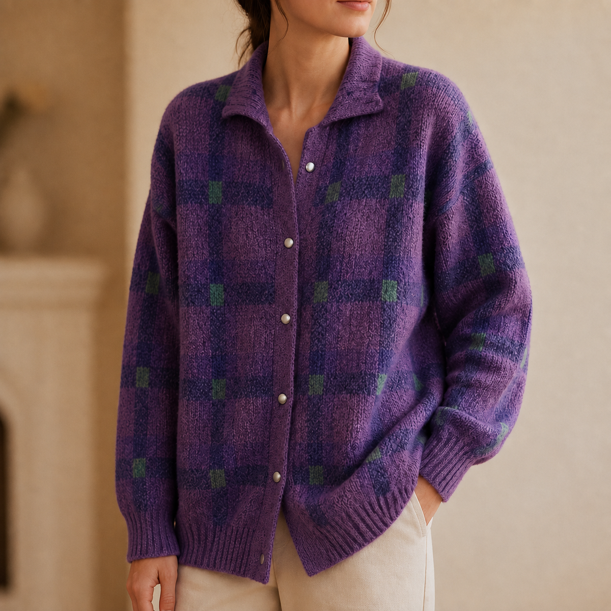 Women's oversized collared check cardigan
