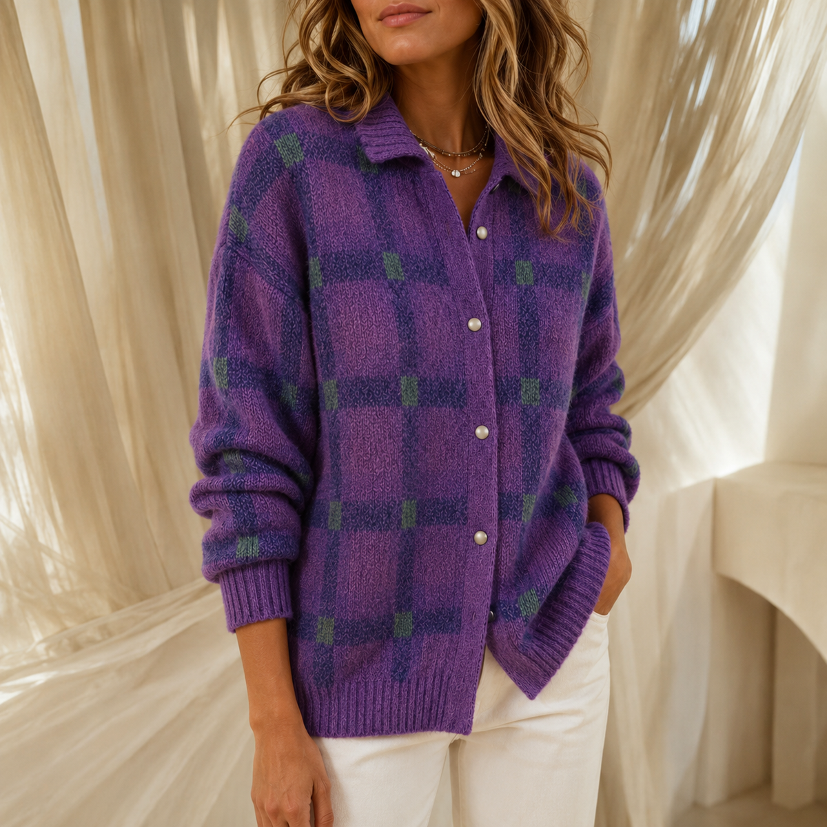 Women's oversized collared check cardigan in Purple