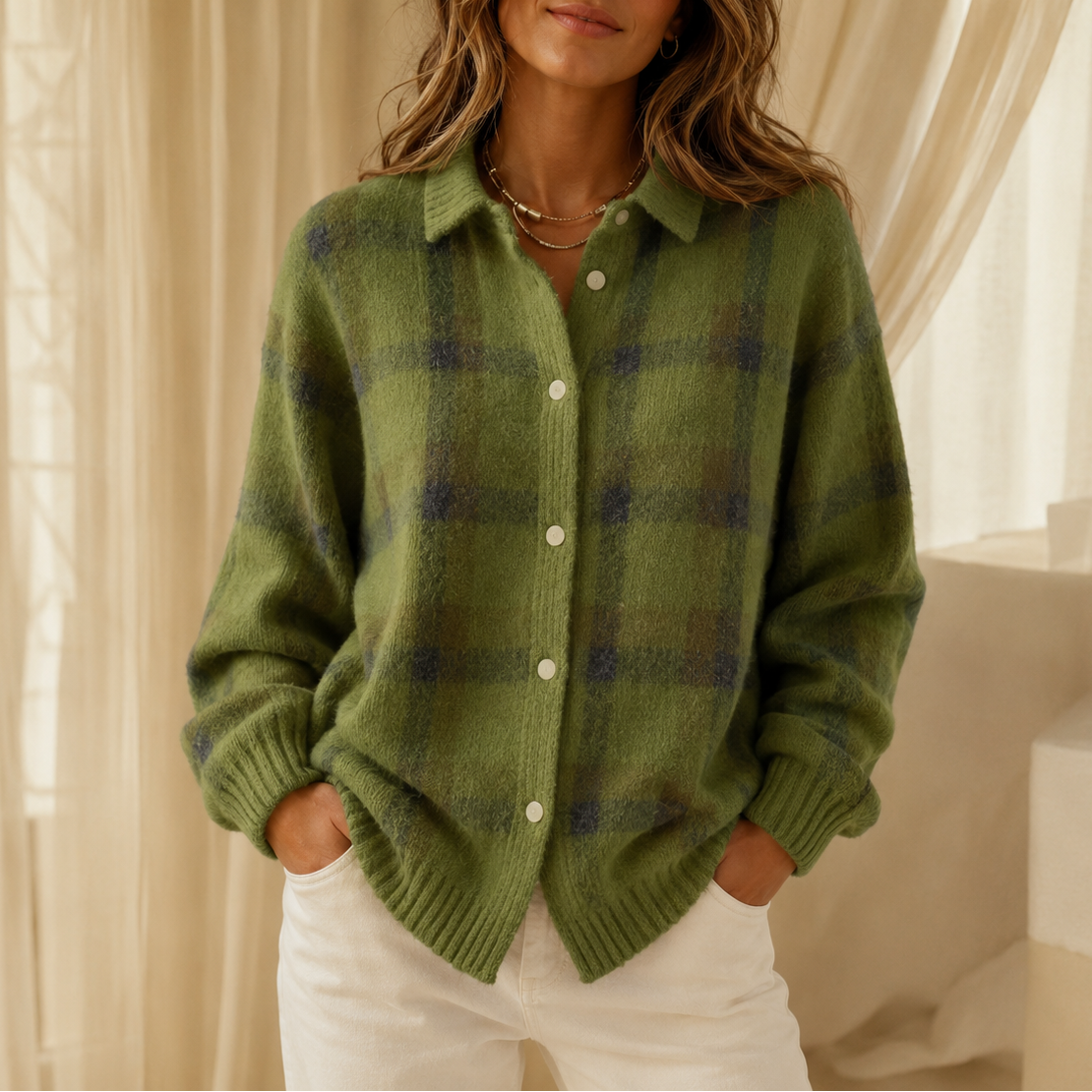 Women's oversized collared check cardigan in Green