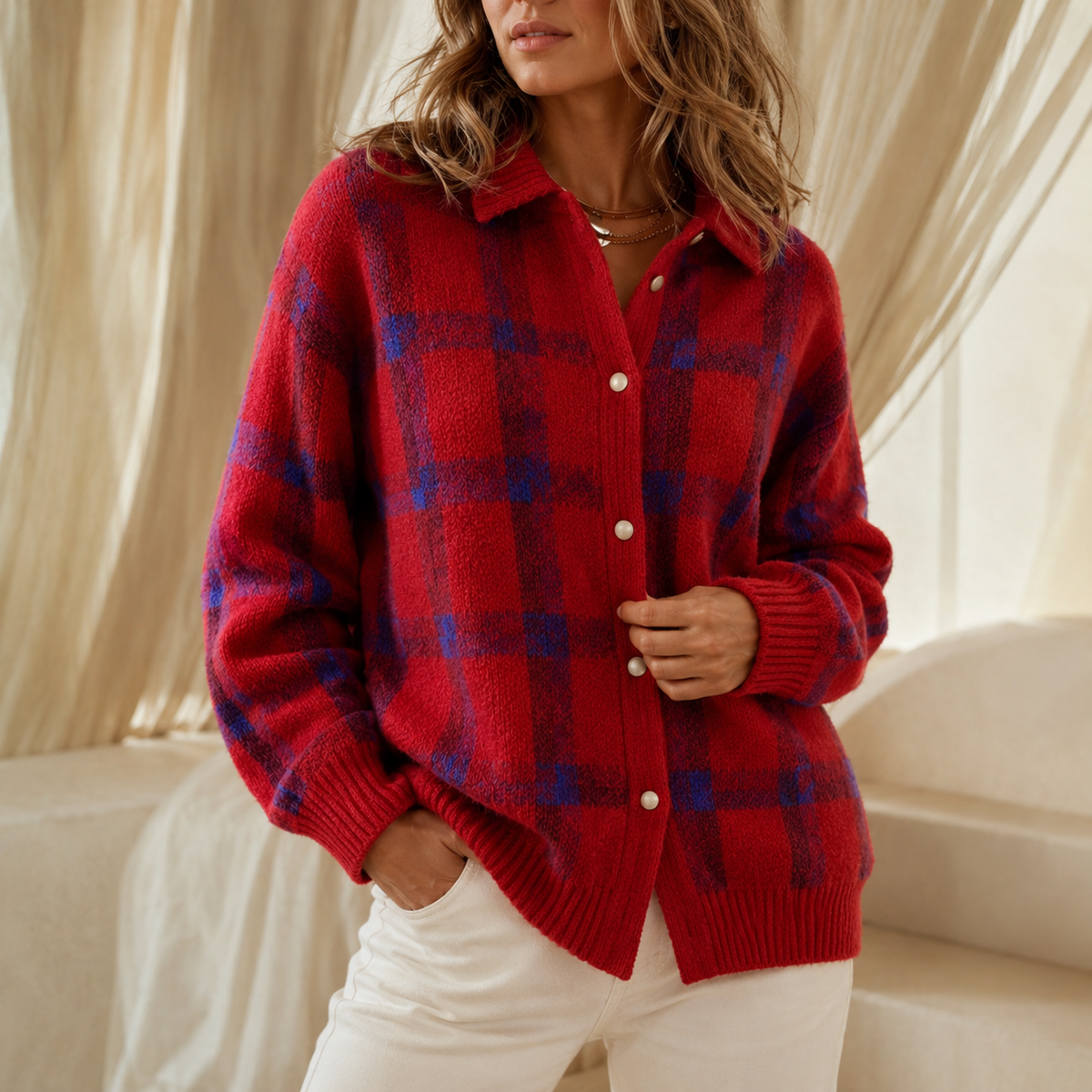 Women's oversized collared check cardigan in Red