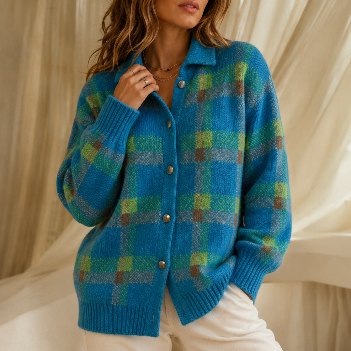 Women's oversized collared check cardigan in Blue