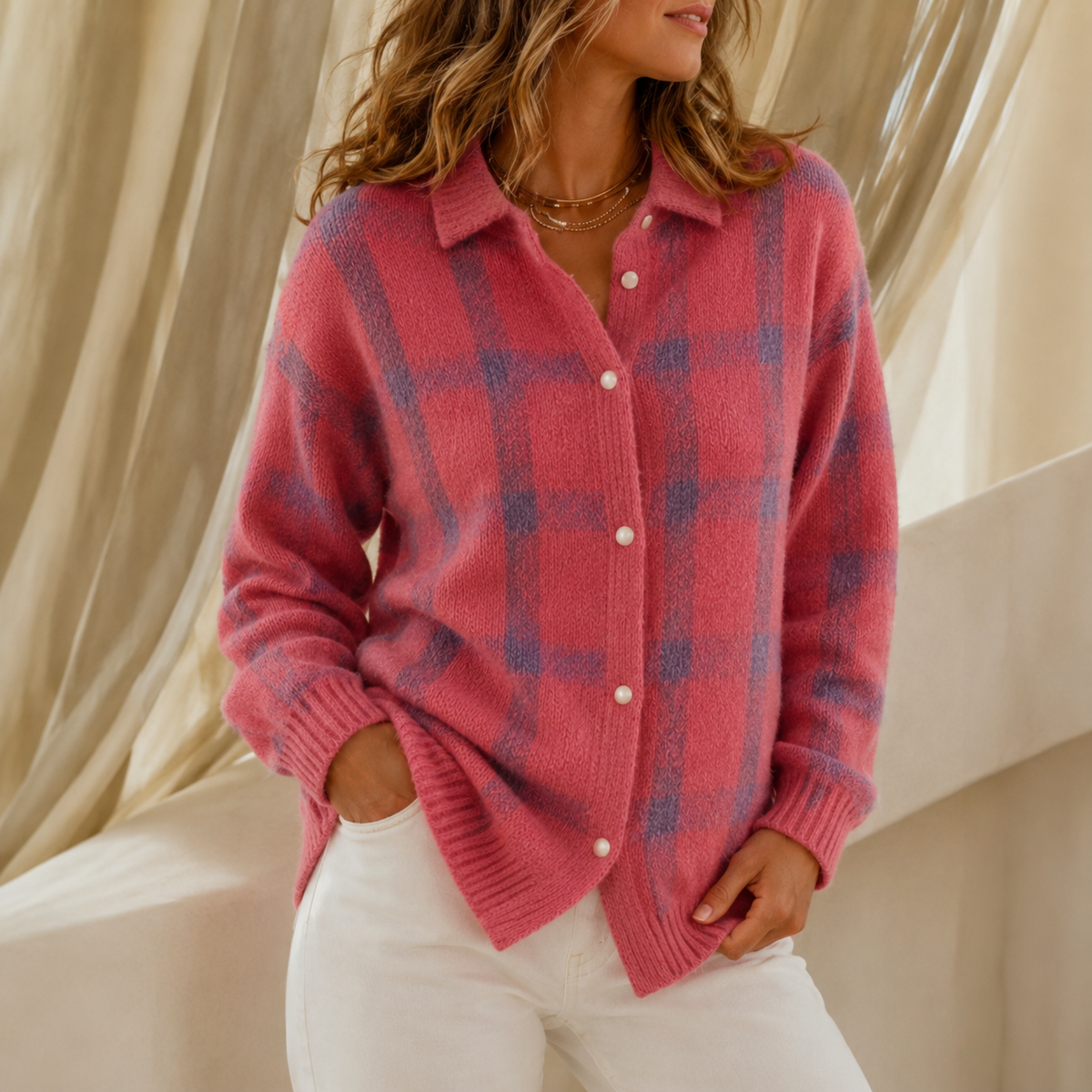 Women's oversized collared check cardigan in Pink