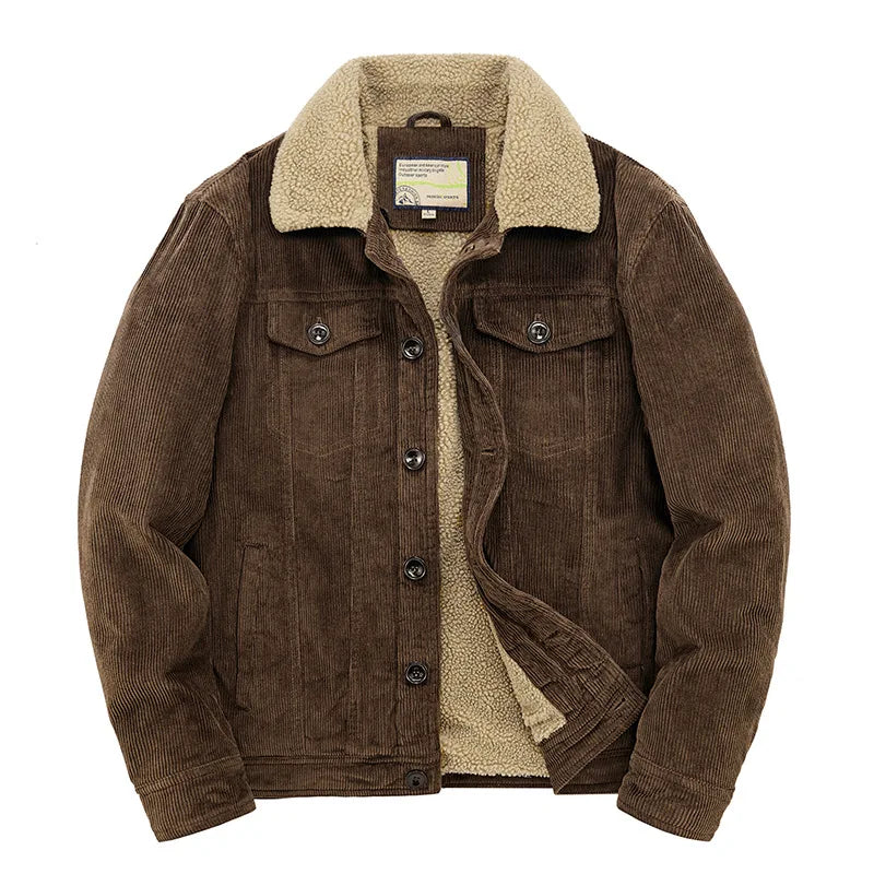 Men's corduroy trucker jacket with sherpa lining in Brown