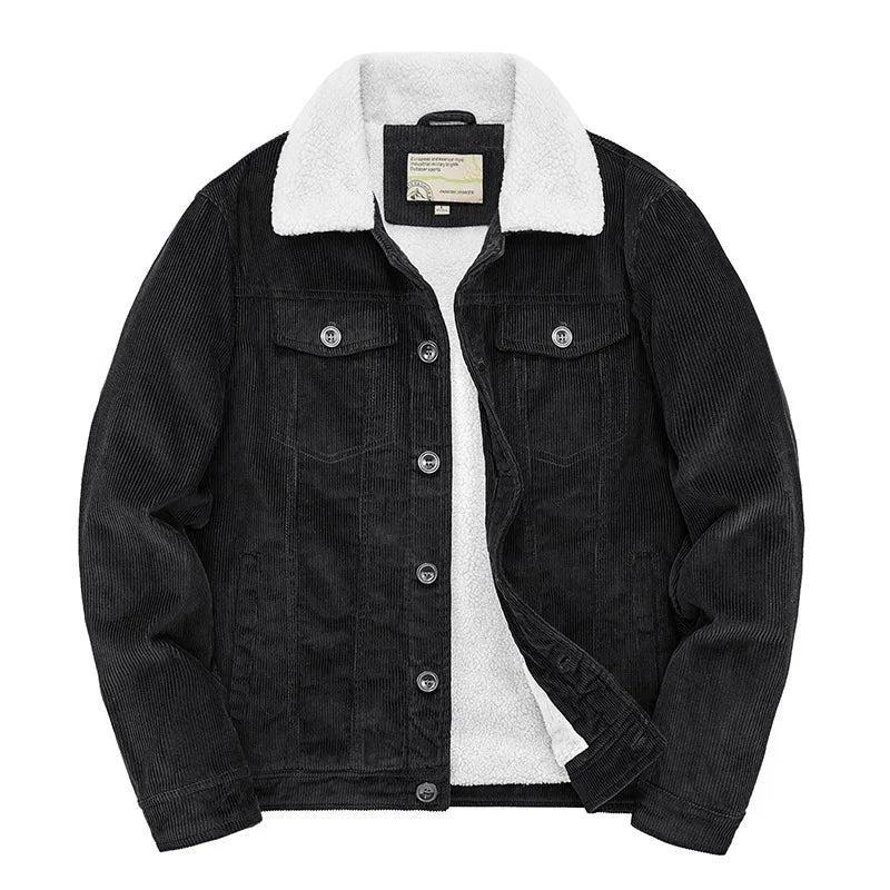 Men's corduroy trucker jacket with sherpa lining in Black