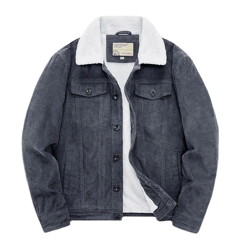 Men's corduroy trucker jacket with sherpa lining in Blue Grey
