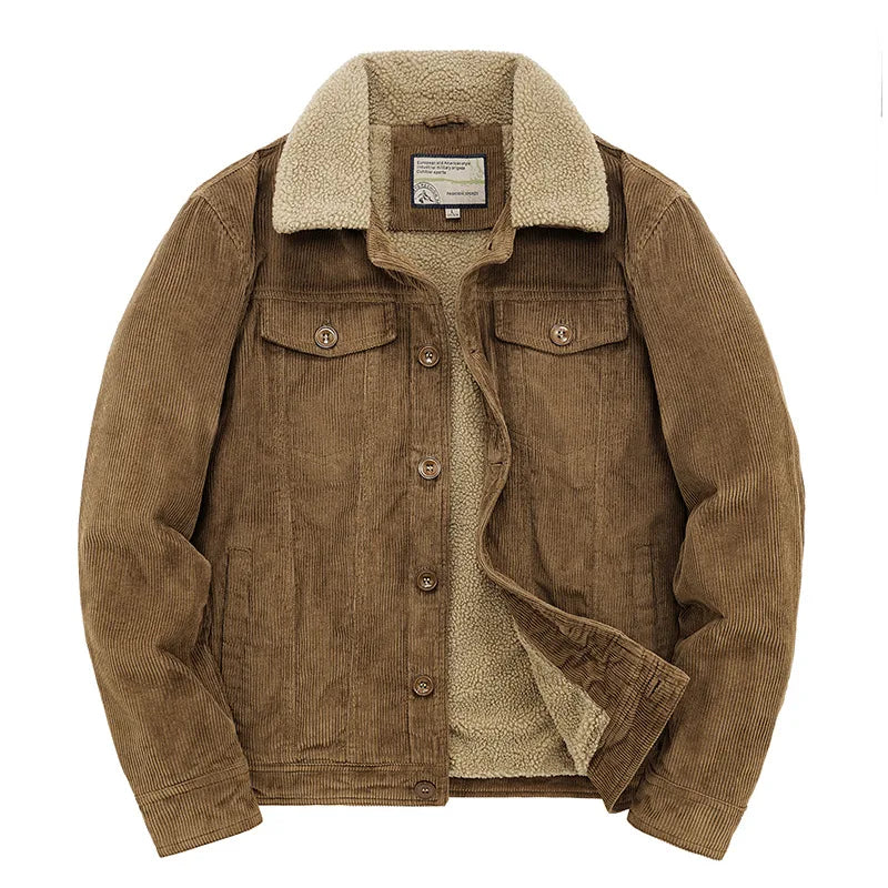 Men's corduroy trucker jacket with sherpa lining in Camel