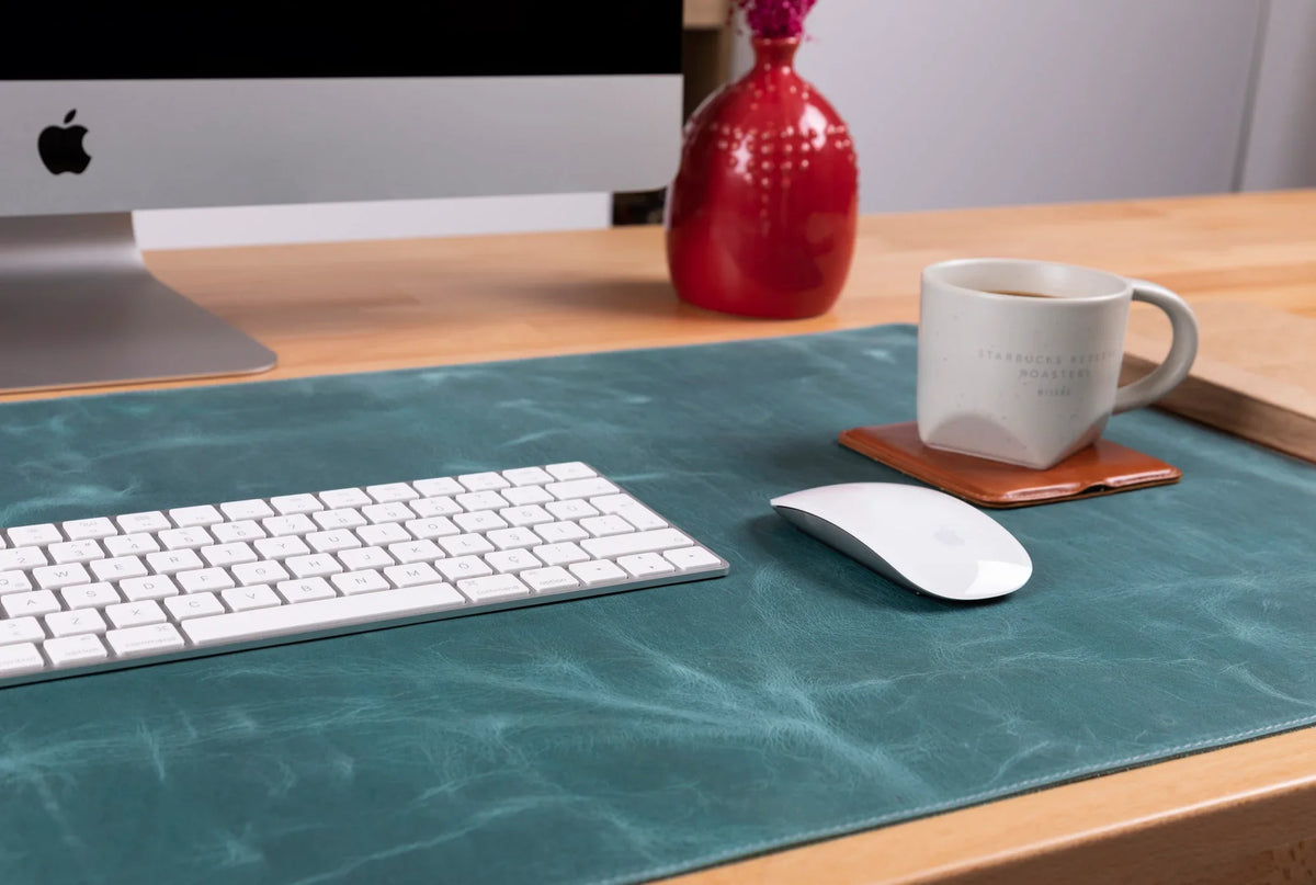 Leather Desk Mat in Dark Cyan