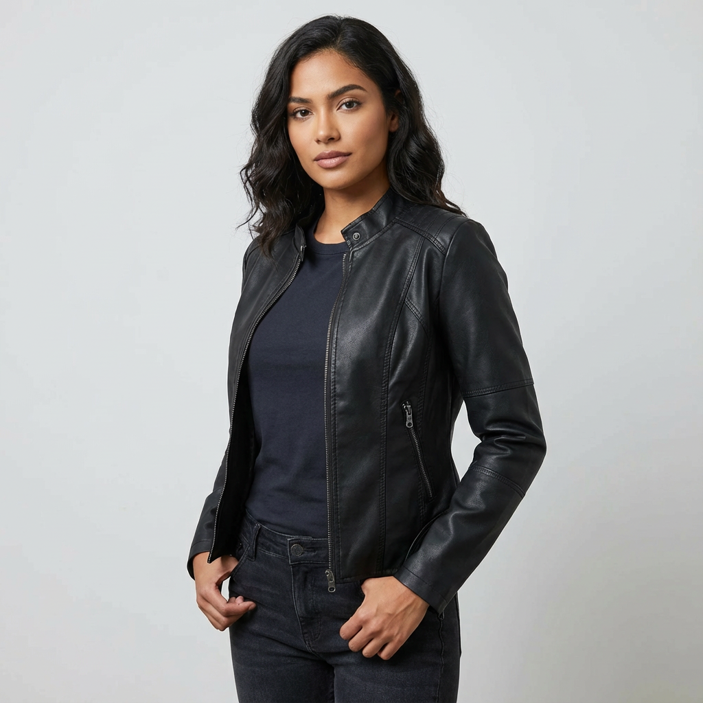 Women's Faux Leather Jacket - Fitted Biker Style