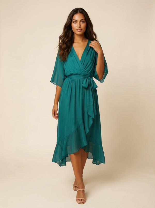 Midi wrap dress with tie belt and flutter sleeve