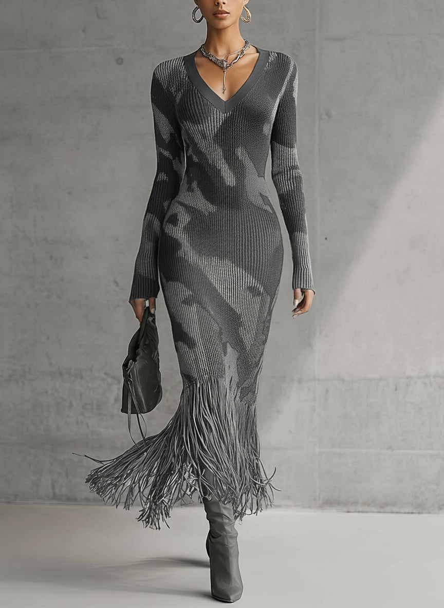 Ribbed camo knit dress with fringe hem in Grey