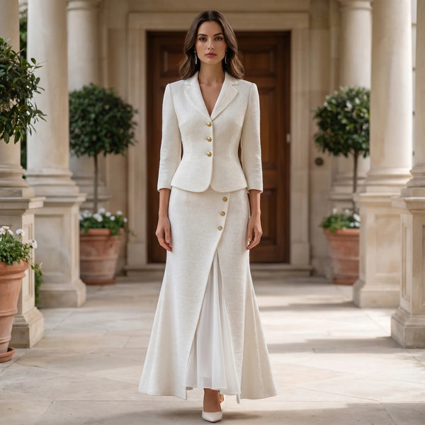 Ivory tailored blazer with gold-tone buttons, worn with a matching maxi skirt