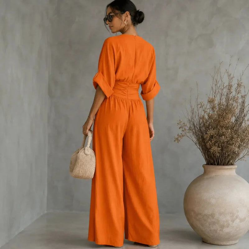Women's wide leg V-neck jumpsuit - detail