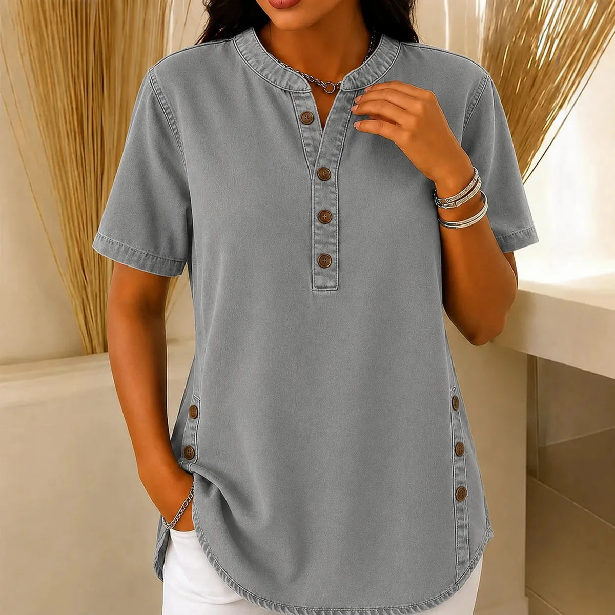 Women's denim-look tunic top in Grey Wash