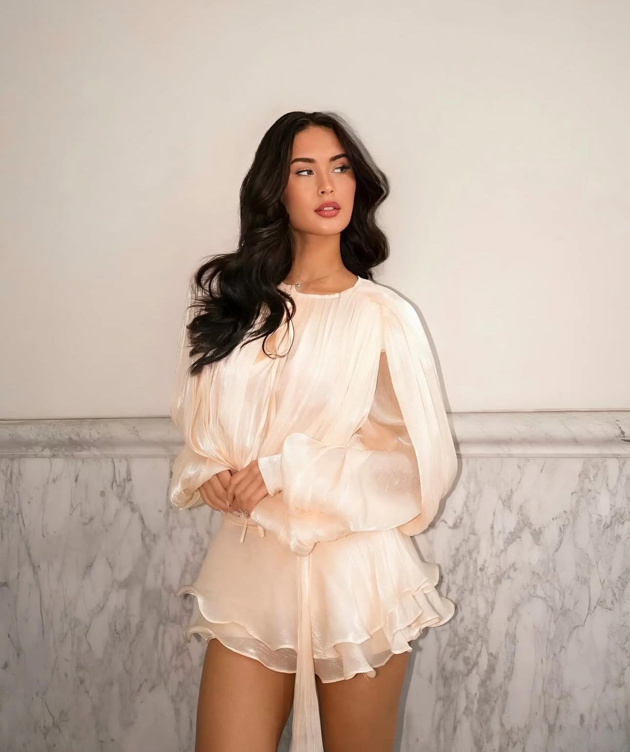Women's Pleated Ruffle Mini Dress – Elegant Feminine Evening – detail view
