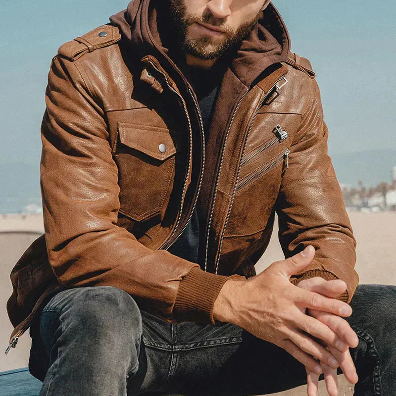 Men's Hooded Fleece-Lined Leather Jacket – Saint Dor UK – detail view
