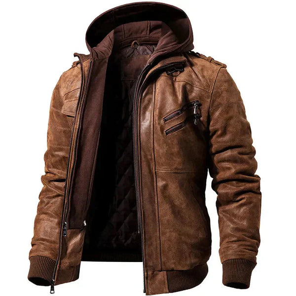 Men's Hooded Fleece-Lined Leather Jacket – Saint Dor UK – front view